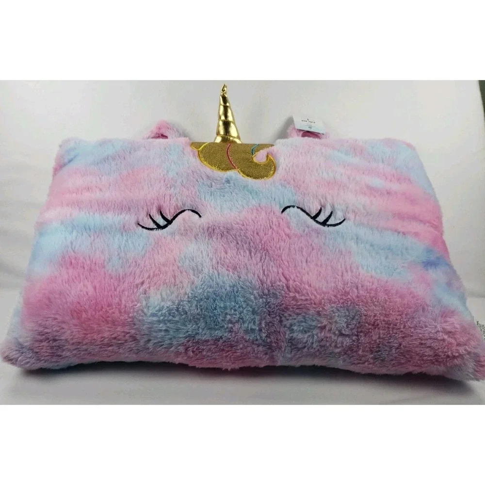 Unicorn Kids Bed Pillow Pink Blue Purple Tie Dye Fuzzy Plush Gold Horn NWT